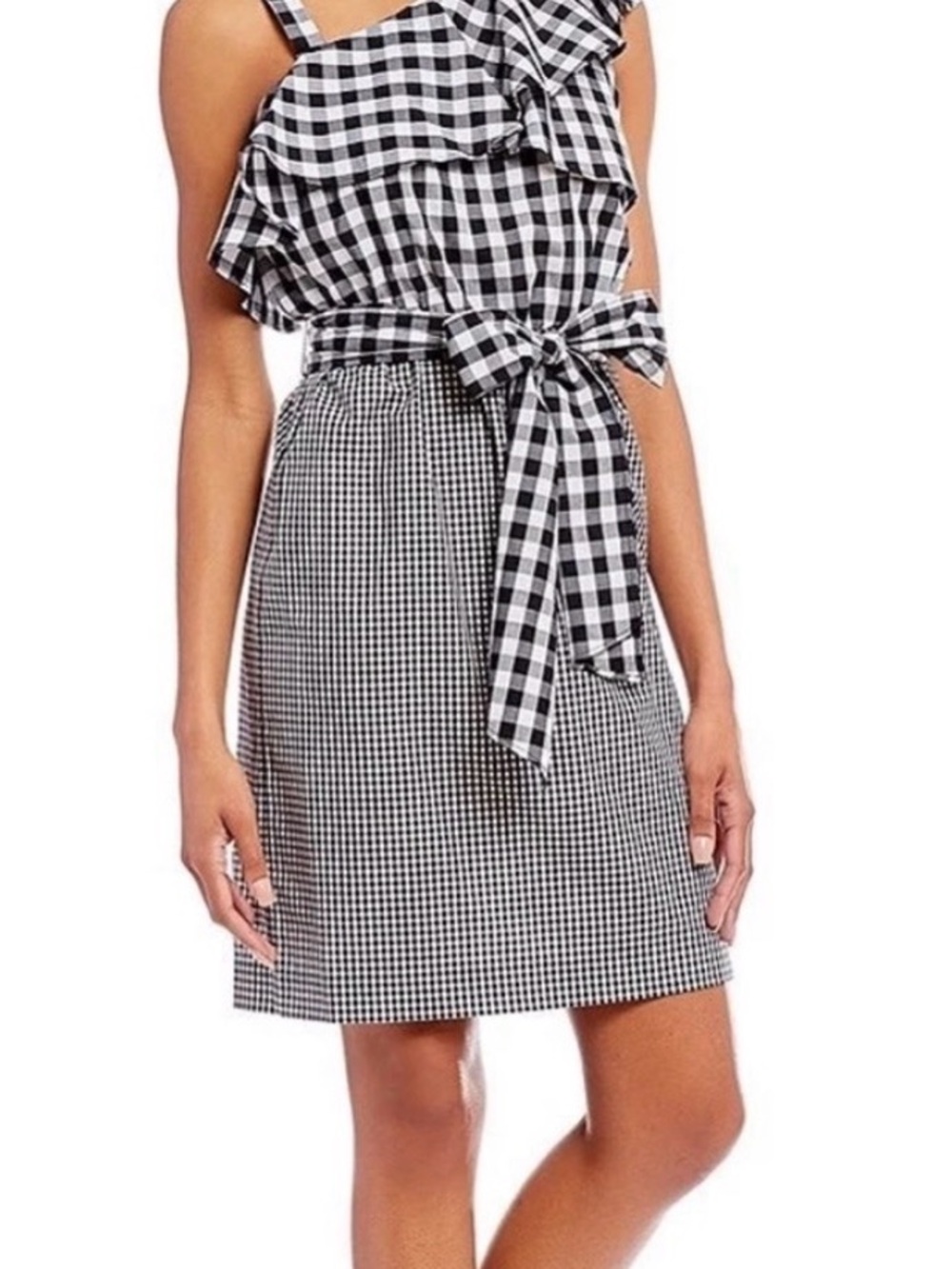 Calvin Klein Black and White Gingham One-Shoulder Dress